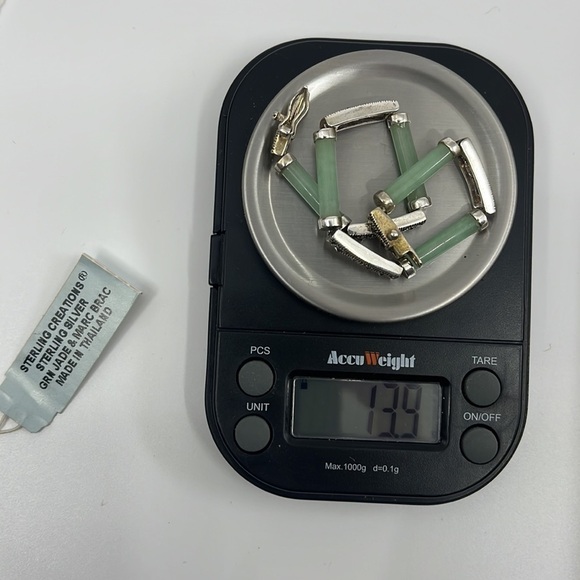 20th Century 925 Sterling Silver Jadeite & Marcasite Link Bracelet - Picture 6 of 9